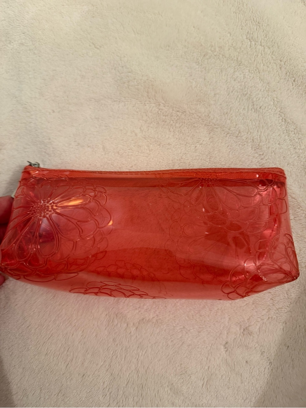 Clear Floral-Embossed Coral Red Cosmetic Pouch